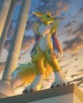  2021 3_fingers 3_toes ambiguous_gender anthro day detailed_background digimon digimon_(species) digital_media_(artwork) feet fingers fur hi_res jay-kuro outside renamon sky solo toes yellow_body yellow_fur 