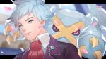  1boy artist_name bangs black_jacket blue_eyes blurry closed_mouth collared_shirt commentary derivative_work english_commentary gen_3_pokemon glint grey_hair jacket letterboxed male_focus metagross mootecky necktie outside_border petals pokemon pokemon_(creature) pokemon_(game) pokemon_masters_ex pokemon_oras red_neckwear screencap_redraw shirt short_hair smile steven_stone watermark white_shirt 