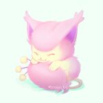  :3 cat cat_day closed_eyes closed_mouth commentary fluffy full_body gen_3_pokemon mootecky no_humans paws pink_fur pokemon pokemon_(creature) signature skitty smile solo toes 