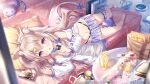  animal_ears bra cake catgirl couch drink food garter open_shirt original pocky purple_eyes sannio tail underwear 