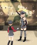  2girls anchor_hair_ornament annin_musou bismarck_(kancolle) black_legwear blonde_hair blue_eyes blurry brown_gloves depth_of_field detached_sleeves german_text gloves grey_legwear ground_vehicle hair_ornament hat kantai_collection long_hair low_twintails military military_hat military_uniform military_vehicle motor_vehicle multiple_girls panzerkampfwagen_viii_maus peaked_cap pleated_skirt pointing prinz_eugen_(kancolle) skirt tank thighhighs translation_request twintails uniform white_skirt 
