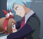  1boy 1girl age_difference akika_821 artist_name bangs blue_eyes blue_hair blush bow_hairband brown_hair closed_mouth collared_shirt commentary_request eyebrows_visible_through_hair eyelashes hairband height_difference hetero jacket looking_at_another may_(pokemon) necktie pokemon pokemon_(game) pokemon_oras red_hairband shirt smile steven_stone wall_slam white_shirt 