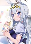  1girl :t absurdres ahoge animal_ears bangs blue_eyes blue_shirt blush chopsticks closed_mouth commentary_request cup cup_ramen disposable_cup eating eyebrows_visible_through_hair food grey_hair highres holding holding_chopsticks holding_cup horse_ears kurimochi_chizuru long_hair noodles oguri_cap_(umamusume) pleated_skirt puffy_short_sleeves puffy_sleeves school_uniform shirt short_sleeves skirt solo tracen_school_uniform umamusume upper_body very_long_hair white_skirt 