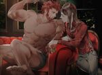  2boys abs beard biceps bishounen black_hair black_male_underwear boxers convenient_leg couch dark_skin dark_skinned_male facial_hair fate/grand_order fate_(series) feet flexing highres iskandar_(fate) large_pectorals long_hair looking_at_another lord_el-melloi_ii male_focus male_underwear mature_male multiple_boys muscular muscular_male nipples on_couch pectorals pose red_eyes red_hair red_shirt shirt short_hair sizuokachp smile stomach underwear underwear_only waver_velvet 