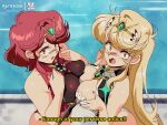  1990s_(style) 2girls bare_shoulders blonde_hair bluethebone blush breast_press breasts chest_jewel cleavage_cutout clothing_cutout commentary english_text gem headpiece large_breasts long_hair looking_at_viewer multiple_girls mythra_(xenoblade) one-piece_swimsuit open_mouth patreon_username pyra_(pro_swimmer)_(xenoblade) pyra_(xenoblade) red_eyes red_hair retro_artstyle short_hair subtitled swimsuit symmetrical_docking xenoblade_chronicles_(series) xenoblade_chronicles_2 yellow_eyes 