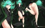  1girl anger_vein arms_up ass aura bent_over black_background black_dress breasts commentary covered_navel curly_hair dress echo_saber from_behind green_hair high_heels highres long_hair multiple_views no_panties one-punch_man simple_background small_breasts tatsumaki thick_thighs thighs 