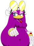  anthro avian beak bird blue_eyes bracelet breasts edit eyewear female genitals goggles half-closed_eyes hi_res hirundinid jewelry mostly_nude narrowed_eyes necklace nipples non-mammal_breasts nude_edit oscine passerine purple_body purple_nipples pussy simple_background solo sonic_riders sonic_the_hedgehog_(series) sssonic2 swallow_(bird) thick_thighs wave_the_swallow wide_hips 