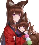 +_+ 2girls absurdres amagi-chan_(azur_lane) amagi_(azur_lane) animal_ears azur_lane bangs blunt_bangs brown_hair commentary_request dango drooling eyebrows_visible_through_hair fingerless_gloves food fox_ears fox_girl fox_tail frozen-sad gloves hair_ribbon highres holding hug japanese_clothes kyuubi long_hair looking_at_viewer mother_and_daughter multiple_girls multiple_tails namesake off-shoulder_kimono off_shoulder parted_lips person_carrying purple_eyes ribbon sidelocks simple_background symbol-shaped_pupils tail thick_eyebrows twintails wagashi white_background wide_sleeves younger 