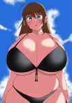  1girl ahoge bikini black_bikini blue_eyes breasts brown_hair cleavage cloud eyebrows_visible_through_hair highres huge_breasts komusou_(jinrikisha) long_hair looking_at_viewer navel ooba_minori original plump sky solo string_bikini_top swimsuit wide_hips 