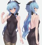  1girl ahoge bare_shoulders blue_hair bodysuit breasts commentary_request from_behind ganyu_(genshin_impact) genshin_impact goat_horns grey_background highres horns long_hair looking_at_viewer medium_breasts multiple_views rasahan simple_background sleeveless solo standing 