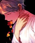  1boy bangs black_background green_hair haikyuu!! hanahaki_disease hand_around_neck looking_down male_focus mole mole_under_eye open_mouth petals profile saliva short_hair simple_background solo sugawara_koushi tears teeth todorokikun upper_body vomiting vomiting_flowers 