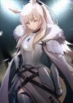  1girl ;) animal_ear_fluff animal_ears arknights armor bangs black_gloves blemishine_(arknights) blonde_hair breastplate cape commentary_request cowboy_shot elbow_gloves eyebrows_visible_through_hair fur-trimmed_cape fur_trim gloves hand_on_hip horse_ears horse_girl horse_tail long_hair looking_at_viewer nokke_o one_eye_closed orange_eyes plate_armor ponytail shoulder_armor smile solo tail white_cape 