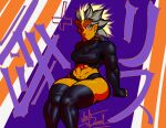  abs absurd_res blonde_hair breasts butt butt_squish clothed clothing demon english_text eyebrows female grey_hair hair hi_res humanoid imp ink-dood japanese_text latex_clothing latex_stockings legwear lith_(ink-dood) muscular not_furry orange_body orange_skin red_eyebrows sitting solo spiky_hair squish text thick_eyebrows thick_thighs thigh_highs thigh_squish 