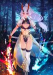  1girl armor bikini black_bikini dual_wielding eyebrows_visible_through_hair fate/grand_order fate_(series) forest front-tie_bikini front-tie_top gloves glowing glowing_weapon hair_between_eyes holding holding_sword holding_weapon horns japanese_armor japanese_clothes katana kusazuri nature official_art oni_horns ponytail red_eyes red_horns sash see-through shirabi silver_hair swimsuit sword thighhighs tied_hair tomoe_(symbol) tomoe_gozen_(fate) tomoe_gozen_(swimsuit_saber)_(fate) weapon 