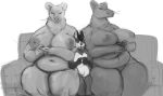  absurd_res anthro between big_breasts breasts canid canine canis controller doctordj domestic_dog female furniture game_controller gaming greyscale group hi_res larger_female male male/female mammal monochrome murid murine nude overweight overweight_female rat rodent sitting size_difference smaller_male smile sofa thick_thighs whiskers 