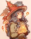  1girl absurdres artist_name bangs black_hair clivenzu familiar frog frog_on_head glasses gloves glowing hat highres holding long_hair long_sleeves looking_at_viewer mushroom original smile solo wavy_hair witch witch_hat 
