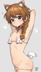  1girl absurdres animal_ear_fluff animal_ears armpits arms_behind_head arms_up baba_konomi bikini bikini_pull blue_eyes blush bodypaint bone_hair_ornament braid breasts brown_hair closed_mouth clothes_pull collar collarbone cowboy_shot dated dog_ears dog_girl dog_tail english_commentary eyebrows_visible_through_hair frilled_bikini frills from_side grey_background groin hair_ornament halterneck highres idolmaster idolmaster_million_live! long_hair looking_at_viewer looking_to_the_side micro_bikini myeolchi paw_print paw_print_background petite pink_bikini pout red_collar shiny shiny_hair shiny_skin side_braid sideboob signature simple_background small_breasts solo string_bikini swimsuit tail underboob 