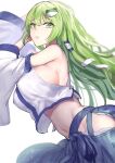  1girl absurdres bare_shoulders blue_skirt bow breasts detached_sleeves frog_hair_ornament green_eyes green_hair groin gunnjou_yosio hair_bow hair_ornament hair_tubes handheld_game_console highres hip_vent kochiya_sanae leaning_forward long_hair long_skirt looking_at_viewer midriff navel nintendo_ds no_bra no_panties nontraditional_miko shirt sideboob skirt sleeveless sleeveless_shirt snake_hair_ornament solo touhou white_shirt 