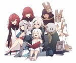  3boys 5girls bandages black_hair blue_eyes book brown_eyes dark_skin devola emil_(nier) everyone fyra grimoire_weiss hands_together highres kaine_(nier) lunar_tear masked_king multiple_boys multiple_girls nier nier_(series) nier_(young) open_mouth pale_skin popola purple_eyes reading red_hair sitting smile tamakingx422x white_background white_hair yonah 