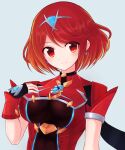  1girl alternate_color bangs black_gloves blush breasts chest_jewel disconnected_mouth earrings eyebrows_visible_through_hair eyes_visible_through_hair fingerless_gloves gloves hand_up jewelry large_breasts looking_at_viewer pyra_(xenoblade) red_eyes red_hair short_hair solo super_smash_bros. suta_(clusta) swept_bangs tiara upper_body xenoblade_chronicles_(series) xenoblade_chronicles_2 