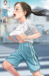  1girl blue_shorts blurry blurry_background blush bottle brown_hair closed_eyes commentary_request day from_side full_body hair_tie highres holding holding_bottle masuda_(yousaytwosin) midriff_peek navel open_mouth original outdoors pink_footwear plastic_bottle ponytail purple_eyes running shirt shirt_lift shoes short_sleeves shorts solo sound_effects sportswear steam sweat sweatdrop sweating_profusely tongue wet wet_clothes white_shirt 