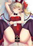  1boy 1girl alternate_costume animal_ears arm_under_breasts arm_up armpits ass bare_shoulders black_legwear blonde_hair blush bow breasts bunny_ears censored cleavage closed_eyes commentary_request crotch_cutout crystal culter detached_collar fake_animal_ears flandre_scarlet hair_between_eyes hair_bow hetero high_heels highres knees_up leotard long_hair no_panties penis playboy_bunny pussy red_bow red_leotard sex side_ponytail small_breasts smile solo_focus spread_legs tears thighhighs thighs touhou vaginal vampire wings wrist_cuffs 