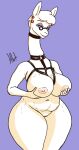  2021 alpaca anthro areola bedroom_eyes belly belt_accessory belt_bra belt_collar big_breasts breasts camelid collar curvy_figure ear_piercing ear_ring eyewear female genitals glasses haibet hair half-closed_eyes harness holding_breast huge_breasts invalid_tag kink long_neck looking_at_viewer mammal mature_(disambiguation) mature_female mommy_alpaca mother narrowed_eyes nipples nude parent piercing pussy seductive simple_background smile soft solo stretch_marks thick_thighs wide_hips 