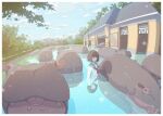  1girl bangs bathhouse bibido blunt_bangs brown_hair building day highres hippopotamus looking_at_viewer medium_hair open_mouth original outdoors pool reflection school_uniform serafuku shirt wading white_shirt 