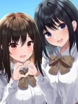  2girls :d absurdres bangs black_hair blue_background blush bow bowtie breasts brown_bow brown_bowtie brown_hair collared_shirt dress_shirt eyebrows_visible_through_hair hair_between_eyes hair_ornament hairclip heart heart_hands highres kimae long_hair long_sleeves looking_at_viewer medium_breasts multiple_girls original purple_eyes red_eyes school_uniform shiny shiny_hair shirt smile straight_hair upper_body white_shirt wing_collar 