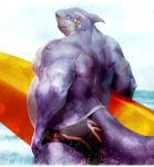  2021 anthro back_muscles biceps blue_body blue_skin blue_tail butt cetacean chubby_anthro chubby_male clothing delphinoid facial_scar fish hi_res holding_object holding_surfboard hybrid looking_back male mammal marine multicolored_body multicolored_scales musclegut muscular muscular_anthro muscular_male no-zp oceanic_dolphin orca scales scar sea shark shirtless sky solo surfboard swimming_trunks swimwear tokyo_afterschool_summoners toothed_whale toothy_grin triceps two_tone_body two_tone_scales typhon video_games water white_body white_skin 
