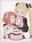  2girls :d black_bow black_gloves blonde_hair bow cake character_doll closed_eyes commentary elise_(fire_emblem) english_commentary fire_emblem fire_emblem_fates food gloves hair_bow hairband hands_on_another&#039;s_shoulders highres long_hair multiple_girls open_mouth orange_hair pink_bow pumpkinspicelatte purple_eyes sakura_(fire_emblem) simple_background smile twintails very_long_hair white_background 
