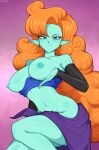  1girl afrobull blue_eyes blush breast_rest breasts closed_mouth colored_skin curly_hair dragon_ball dragon_ball_z earrings green_skin highres invisible_chair jewelry large_breasts long_hair looking_at_viewer navel nipples orange_hair pink_background pointy_ears sarong sitting smile smug solo very_long_hair zangya 