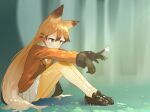  1girl animal_ears brown_footwear brown_fur brown_gloves brown_hair bug butterfly commentary_request extra_ears eyebrows_visible_through_hair ezo_red_fox_(kemono_friends) fox_ears fox_girl fox_tail fur_trim gloves insect jacket kemono_friends loafers long_hair long_sleeves multicolored_hair necktie orange_eyes orange_hair orange_jacket orange_legwear orange_neckwear pantyhose pleated_skirt shoes sitting skirt solo tail white_neckwear white_skirt y48179786 