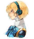  1girl aegis_(persona) android bangs blonde_hair blue_bow blue_eyes blue_neckwear bow bowtie collar collared_dress eyebrows_visible_through_hair from_side hair_between_eyes happy headphones light_smile lor_(roasyerizyonirapi) persona persona_3 persona_3:_dancing_moon_night short_hair simple_background smile solo_focus white_background 