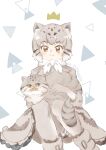  0nanaten 1girl absurdres animal_ears animal_print blush bow bowtie cat cat_ears cat_girl cat_print cat_tail commentary_request eyebrows_visible_through_hair frilled_skirt frills grey_hair grey_legwear grey_skirt grey_sweater highres kemono_friends multicolored_hair pallas&#039;s_cat pallas&#039;s_cat_(kemono_friends) pantyhose print_skirt print_sweater short_hair sitting skirt solo sweater tail white_hair white_neckwear yellow_eyes 