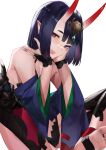  1girl bangs bare_shoulders blazpu bob_cut breasts collarbone eyeliner fate/grand_order fate_(series) headpiece highres horns japanese_clothes kimono long_sleeves looking_at_viewer makeup oni oni_horns open_mouth purple_kimono revealing_clothes short_hair shuten_douji_(fate) skin-covered_horns small_breasts smile thighs 