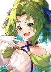  1girl age_regression arm_up armpit_crease bare_shoulders fire_emblem fire_emblem:_the_sacred_stones fire_emblem_heroes flat_chest gloves green_eyes green_hair hair_ribbon highres l&#039;arachel_(fire_emblem) looking_at_viewer nakabayashi_zun open_mouth ribbon twintails upper_body white_background younger 
