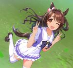  1girl ;d alternate_costume animal_ears blush bow brown_eyes brown_hair double_v grass green_background hair_bow horse_ears horse_girl horse_tail idolmaster idolmaster_cinderella_girls kemonomimi_mode leg_up loafers long_hair looking_at_viewer natsuya one_eye_closed one_side_up open_mouth pleated_skirt sailor_collar school_uniform shimamura_uzuki shoes short_sleeves skirt smile solo sparkle striped striped_legwear tail thighhighs tracen_school_uniform umamusume v white_legwear white_skirt 