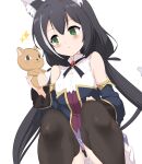  +_+ 1girl animal_ear_fluff animal_ears bangs bare_shoulders black_hair black_legwear black_sleeves blue_panties blush breasts cat_ears cat_girl cat_tail commentary_request detached_sleeves eyebrows_visible_through_hair feet_out_of_frame frilled_skirt frills green_eyes hair_between_eyes highres holding holding_stuffed_toy karyl_(princess_connect!) knees_up long_hair long_sleeves low_twintails medium_breasts momio multicolored_hair panties parted_lips princess_connect! princess_connect!_re:dive purple_skirt shirt simple_background skirt sleeveless sleeveless_shirt solo sparkle squatting streaked_hair stuffed_animal stuffed_cat stuffed_toy tail tail_raised thighhighs twintails underwear very_long_hair white_background white_hair white_shirt 