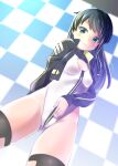  1girl alice_gear_aegis ass_visible_through_thighs black_hair black_jacket black_legwear blue_eyes breasts checkered checkered_background cleavage_cutout clothing_cutout commentary_request cowboy_shot dutch_angle highleg highleg_leotard highres jacket kanoe koashi_mutsumi leotard long_hair looking_at_viewer race_queen single_thighhigh small_breasts solo standing thighhighs white_leotard 
