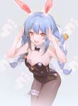  1girl :d animal_ears bare_shoulders black_neckwear blue_hair bow bowtie braid breasts brown_legwear bunny_ears carrot_hair_ornament cleavage covered_navel detached_collar food_themed_hair_ornament gawain_(artist) gradient gradient_background grey_background hair_ornament hands_up highres hololive leg_garter long_hair looking_at_viewer medium_breasts multicolored_hair open_mouth orange_eyes pantyhose playboy_bunny smile solo teeth thick_eyebrows twin_braids two-tone_hair upper_teeth usada_pekora virtual_youtuber white_hair 