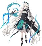  1girl absurdly_long_hair absurdres aqua_eyes bangs black_footwear black_gloves dress fingerless_gloves full_body gloves highres holding holding_sword holding_weapon long_hair original pointy_ears rairyuu simple_background single_sleeve solo standing sword twintails very_long_hair weapon white_background white_hair 