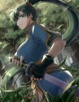  1girl bangs closed_mouth delsaber earrings fingerless_gloves fire_emblem fire_emblem:_the_blazing_blade gloves green_eyes green_hair high_ponytail highres holding holding_sword holding_weapon jewelry long_hair lyn_(fire_emblem) outdoors pelvic_curtain ponytail side_slit sword tree tree_trunk weapon 