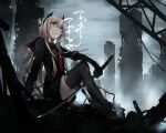  1girl absurdres alternate_costume arm_support bangs black_serafuku black_shirt black_skirt blonde_hair blood blood_on_face bloody_weapon commentary_request crossed_ankles feet girls_frontline grin headgear highres katana long_hair looking_at_viewer m4_sopmod_ii_(girls_frontline) mechanical_arms multicolored_hair neckerchief no_shoes outdoors pleated_skirt red_eyes red_neckwear ruins sailor_collar school_uniform serafuku shirt sidelocks single_mechanical_arm sitting skirt smile solo streaked_hair sword thighhighs torn_clothes torn_legwear torn_neckerchief torn_shirt weapon zen_juraku 