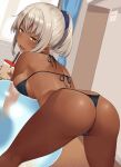  1girl ass back bent_over bikini black_bikini blush breasts bubble_tea cameltoe commentary_request cup dark_skin disposable_cup drink drinking_straw eyebrows_visible_through_hair from_behind hai_ookami hair_ornament hair_scrunchie highres holding holding_cup indoors looking_at_viewer looking_back open_mouth original ponytail scrunchie side-tie_bikini sideboob silver_hair skindentation solo string_bikini sweat swimsuit thong_bikini yellow_eyes 