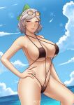  1girl absurdres blue_sky breasts cleavage cloud commission dutch_angle ear_piercing eyewear_on_head ganzu green_ribbon grey_hair hair_ribbon highres large_breasts navel ocean original piercing ribbon short_hair sky slingshot_swimsuit sunglasses swimsuit yellow_eyes 