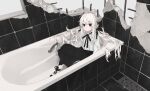  1girl absurdres bangs bathtub black_eyes black_ribbon black_skirt eyebrows_visible_through_hair full_body hair_ribbon highres long_hair long_sleeves looking_at_viewer original rairyuu ribbon shirt shoes sitting skirt solo tile_floor tile_wall tiles white_footwear white_hair white_shirt 