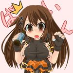  1girl bad_id bad_pixiv_id blush breast_expansion breasts brown_eyes brown_hair buckle fang fingerless_gloves gloves guilty_gear large_breasts long_hair may_(guilty_gear) open_mouth ponkotsu potion shirt solo strap surprised taut_clothes taut_shirt translated wardrobe_malfunction 