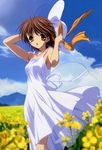  :d absurdres antenna_hair arms_up artist_request bare_arms blurry brown_eyes brown_hair clannad cloud day depth_of_field dress field flower flower_field furukawa_nagisa hat hat_removed hat_ribbon headwear_removed highres holding holding_hat looking_at_viewer official_art open_mouth outdoors rapeseed_blossoms ribbon sky sleeveless sleeveless_dress smile solo sun_hat sundress white_dress wind 