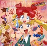  :d artist_name bishoujo_senshi_sailor_moon blonde_hair blue_eyes bow candy cheek_pull chibi_chibi cookie copyright_name double_bun drill_hair earrings food green_bow hair_bow heart heart_earrings highres jewelry laserdisc_cover long_hair multiple_girls official_art open_mouth pink_background red_hair scan shirt shoes short_hair size_difference sleeveless sleeveless_shirt smile sweatdrop tamegai_katsumi tsukino_usagi twin_drills twintails upper_body 